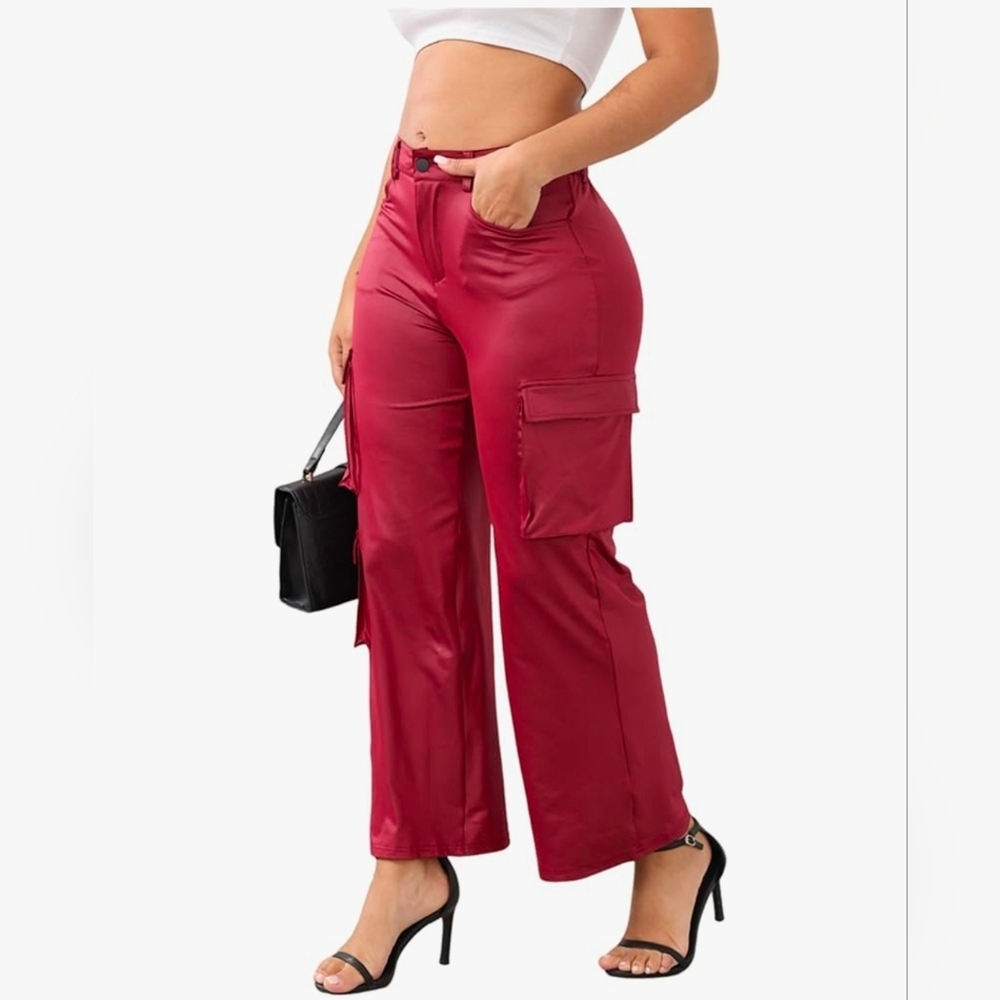 Women's Red Stretchy High Waisted Faux Leather Cargo Pants With Pockets